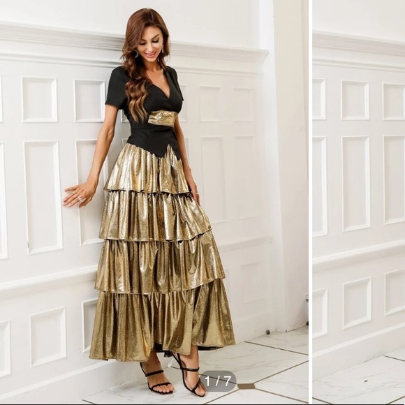 New Never Worn Tiered Layer Metallic Skirt and Black and Gold Contrast Panel Top - Picture 6 of 7